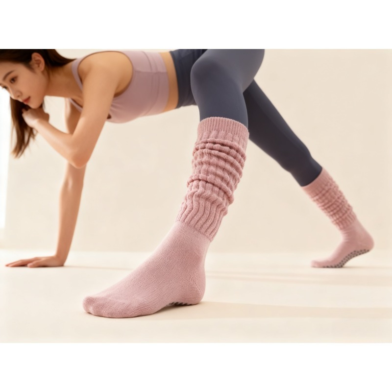 Pilates Yoga Youtube - 女性用コットン滑り止めピラティスソックス、ヨガフィットネス用ロング丈重ね履きソックス、シリコン付き冬用室内ジムフロアヨガウェアソックス