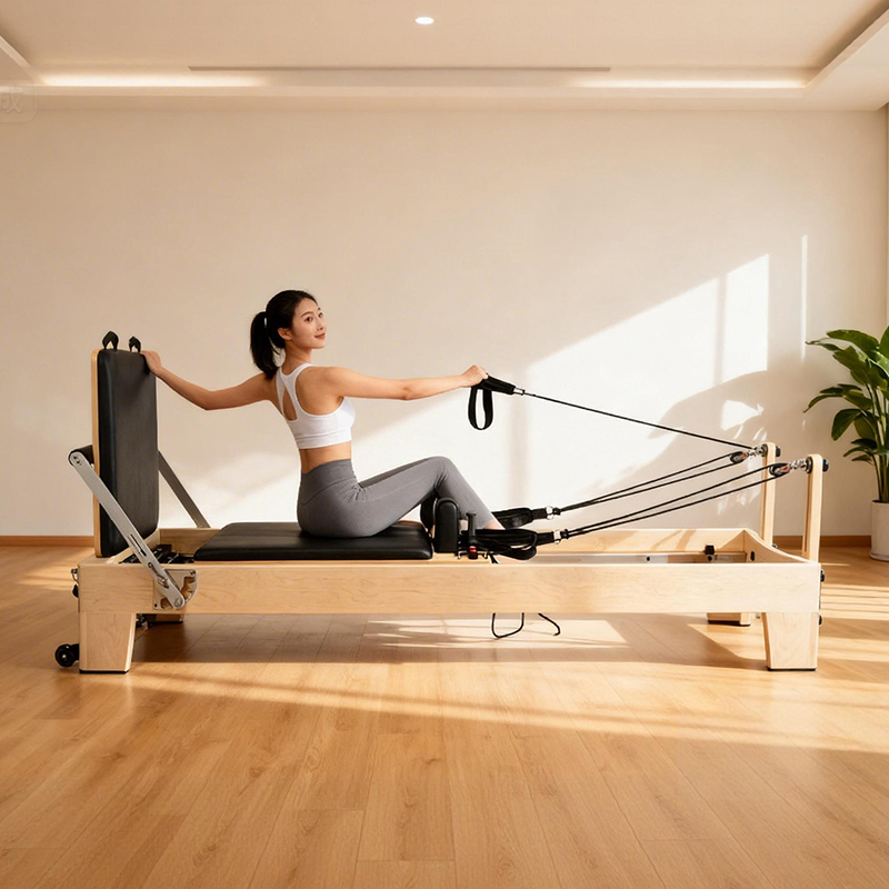 Pilates Yoga Reformer - ホワイトメープル製ポータブル調整可能ピラティスリフォーマー、高級商用グレード木製ヨガフィットネスマシン、精密スプリング、健康用