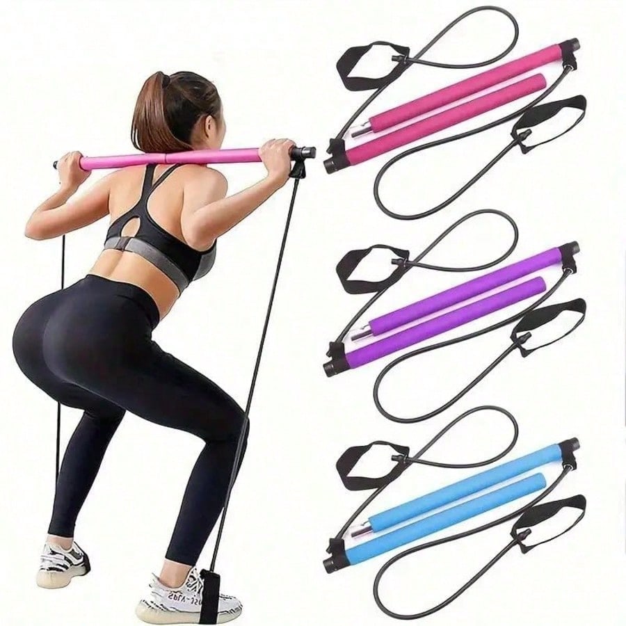 Pilates Yoga Barı - レジスタンスバンド付きのピラティスバー・キット。持ち運び可能なピラティス用バー、フットループ、ヨガ用ストレッチ器具、体幹トレーニング用バー。自宅でのジムトレーニングに最適。女性・男性向け。