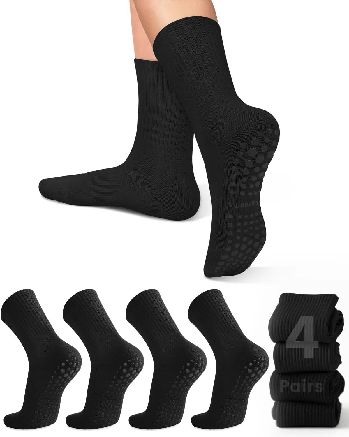 Yoga Pilates Yoga - 女性用ヨガソックス4足、ソリッドカラーのミッドソール滑り止めグリップ付きヨガピラティスバレエソックス