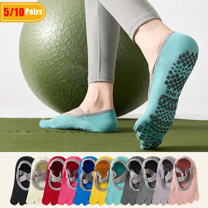 Yoga Pilates Yoga - 5/10 ペアの女性用コットンヨガ 5 本指ソックス汗吸収ソフト滑り止めシリコンカジュアルピラティスジムボートトゥノーショーソックス