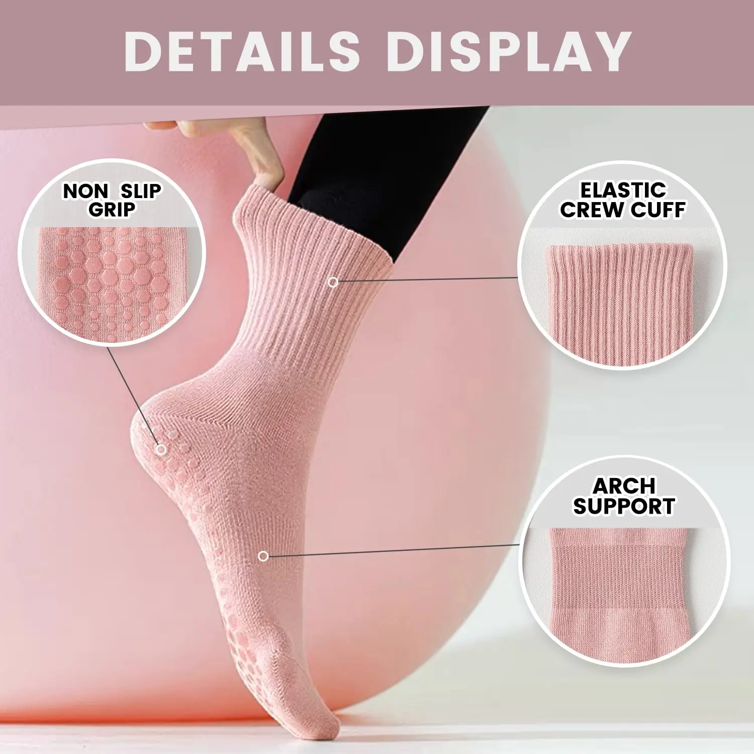 女性用ヨガソックス4足、ソリッドカラーのミッドソール滑り止め - Yoga Pilates Yoga のレビューと価格